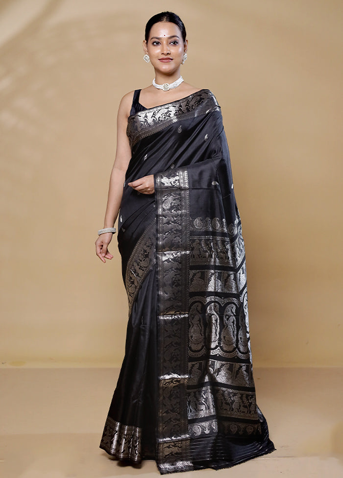 Black Handloom Baluchari Pure Silk Saree With Blouse Piece