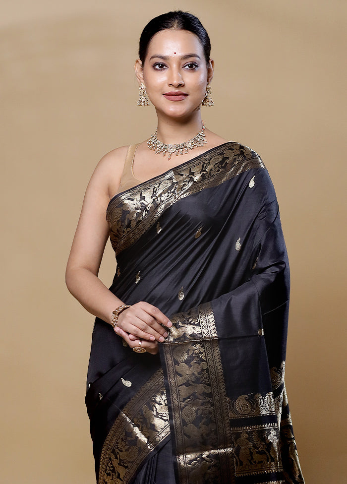 Black Handloom Baluchari Pure Silk Saree With Blouse Piece