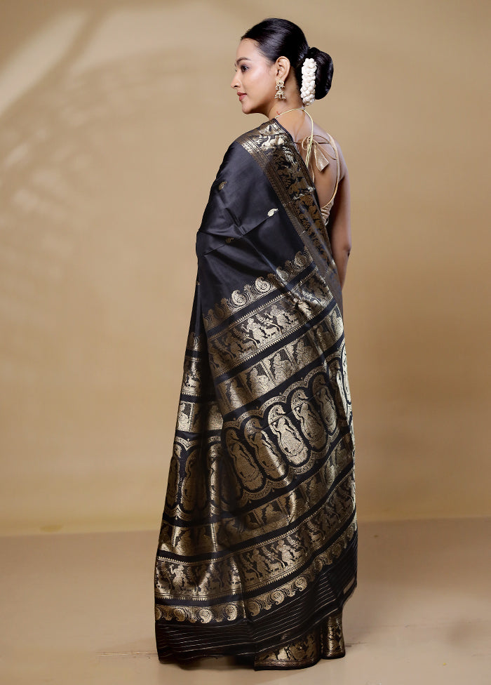 Black Handloom Baluchari Pure Silk Saree With Blouse Piece