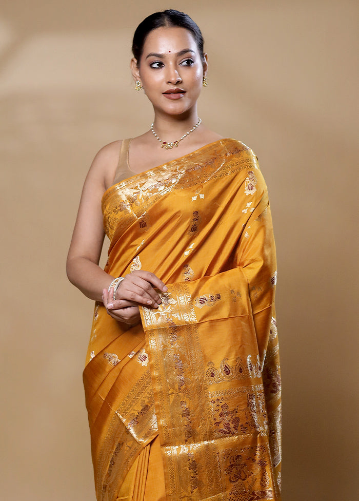 Yellow Handloom Baluchari Pure Silk Saree With Blouse Piece