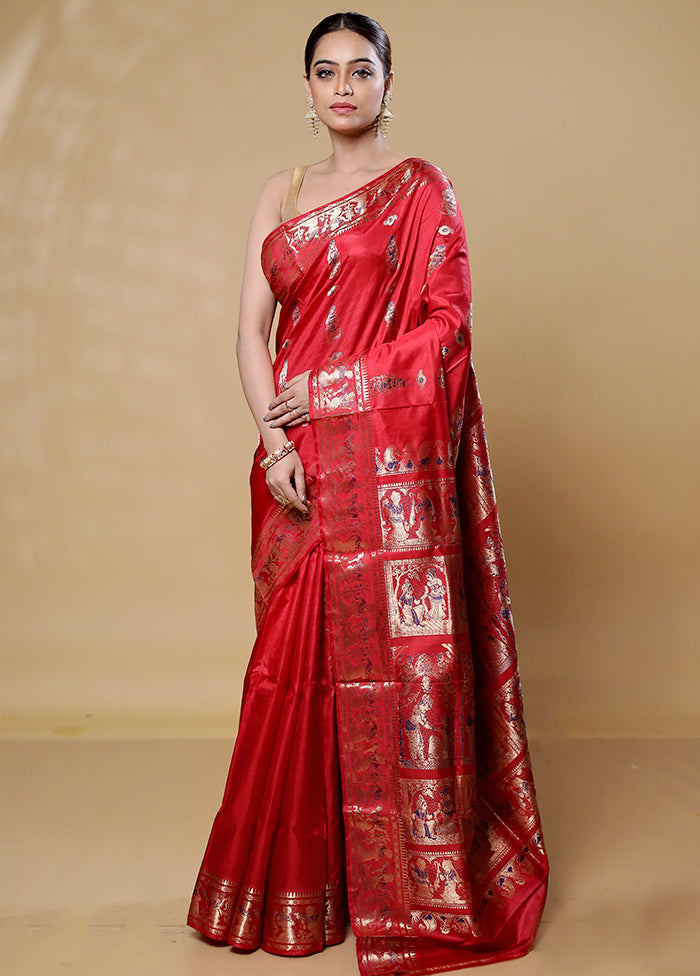 Red Handloom Baluchari Pure Silk Saree With Blouse Piece