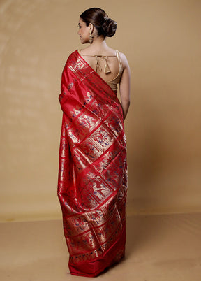 Red Handloom Baluchari Pure Silk Saree With Blouse Piece