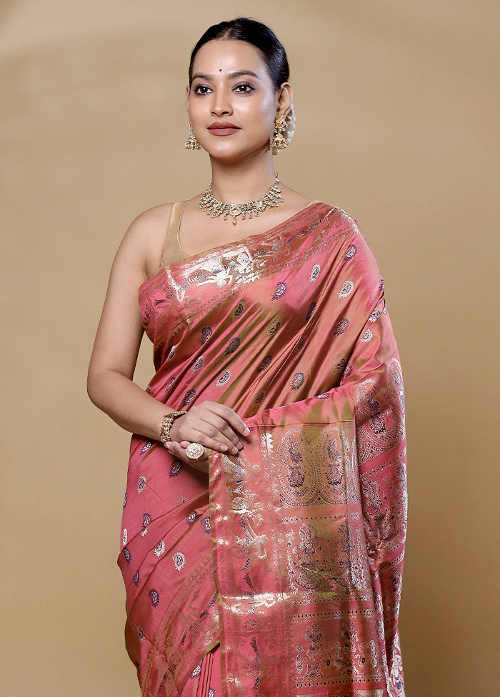 Pink Handloom Baluchari Pure Silk Saree With Blouse Piece