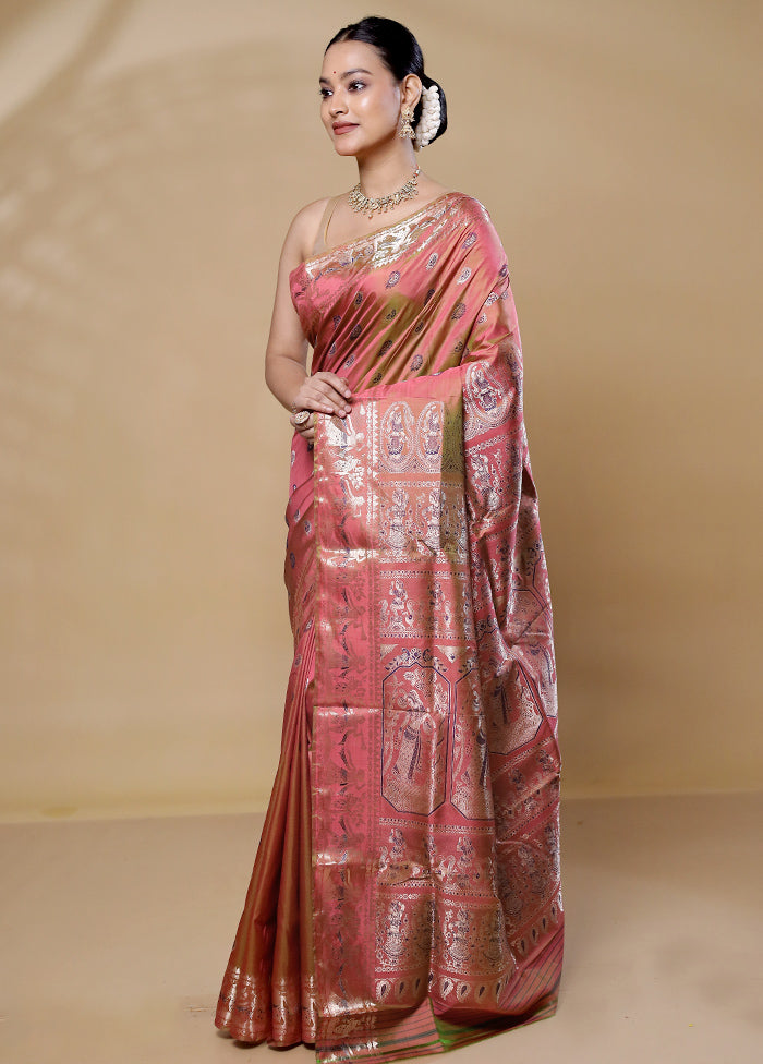 Pink Handloom Baluchari Pure Silk Saree With Blouse Piece