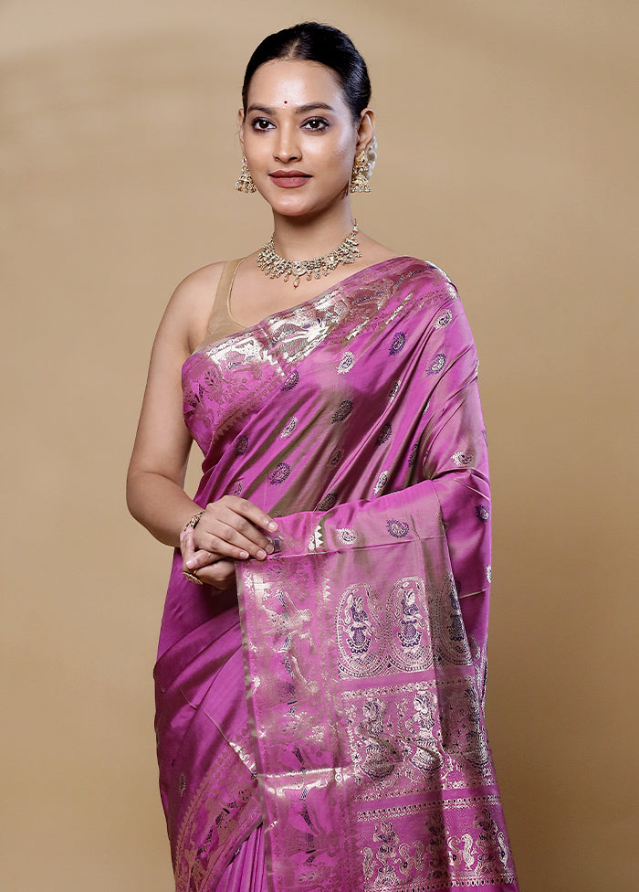 Pink Handloom Baluchari Pure Silk Saree With Blouse Piece