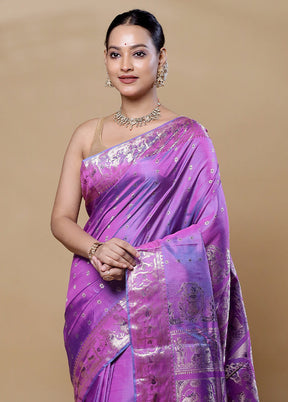 Purple Handloom Baluchari Pure Silk Saree With Blouse Piece