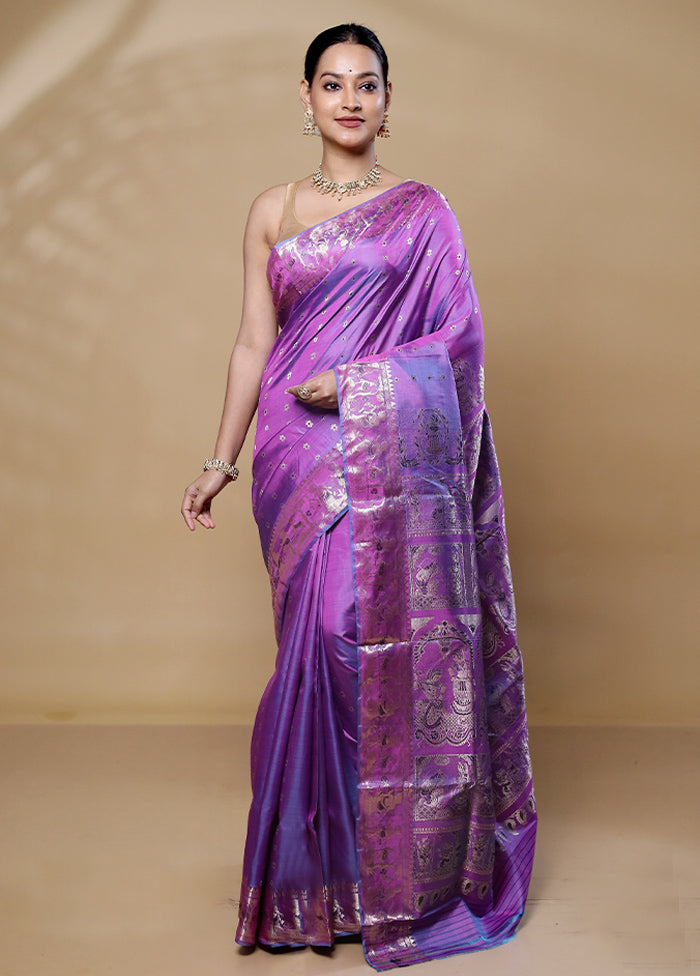 Purple Handloom Baluchari Pure Silk Saree With Blouse Piece