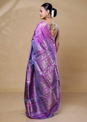 Purple Handloom Baluchari Pure Silk Saree With Blouse Piece