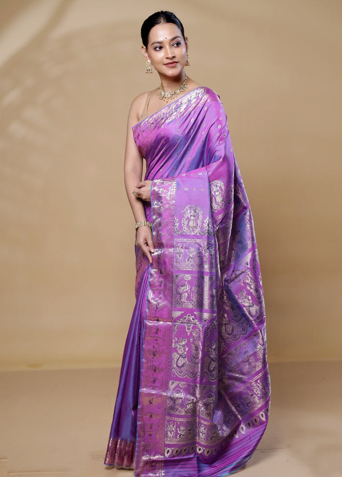 Purple Handloom Baluchari Pure Silk Saree With Blouse Piece