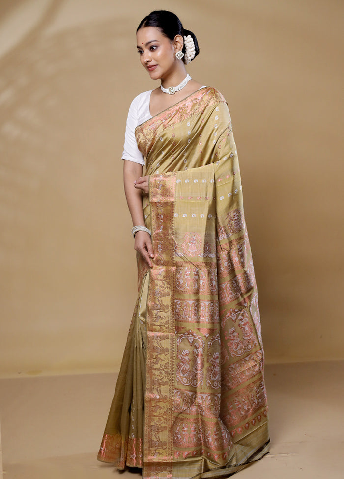 Green Handloom Baluchari Pure Silk Saree With Blouse Piece