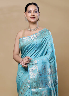 Blue Handloom Baluchari Pure Silk Saree With Blouse Piece