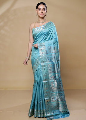 Blue Handloom Baluchari Pure Silk Saree With Blouse Piece