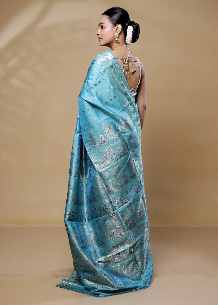 Blue Handloom Baluchari Pure Silk Saree With Blouse Piece