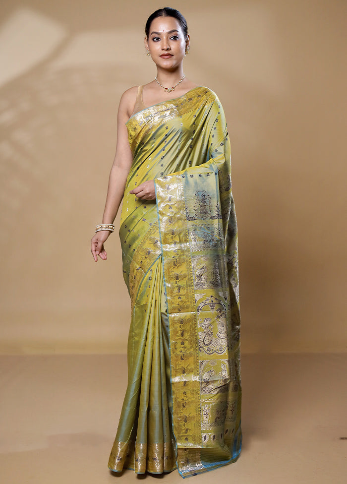 Green Handloom Baluchari Pure Silk Saree With Blouse Piece