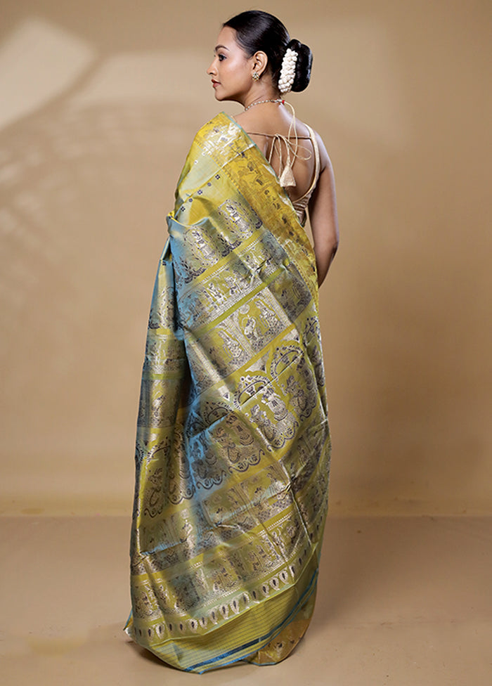 Green Handloom Baluchari Pure Silk Saree With Blouse Piece