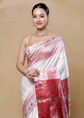 White Handloom Baluchari Pure Silk Saree With Blouse Piece