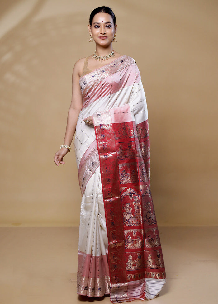 White Handloom Baluchari Pure Silk Saree With Blouse Piece