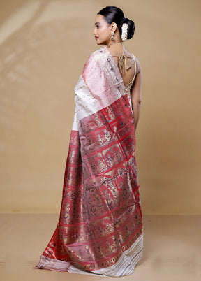 White Handloom Baluchari Pure Silk Saree With Blouse Piece