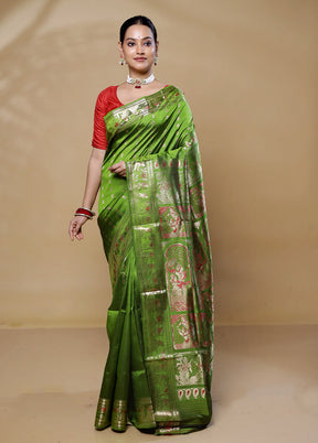 Green Handloom Baluchari Pure Silk Saree With Blouse Piece