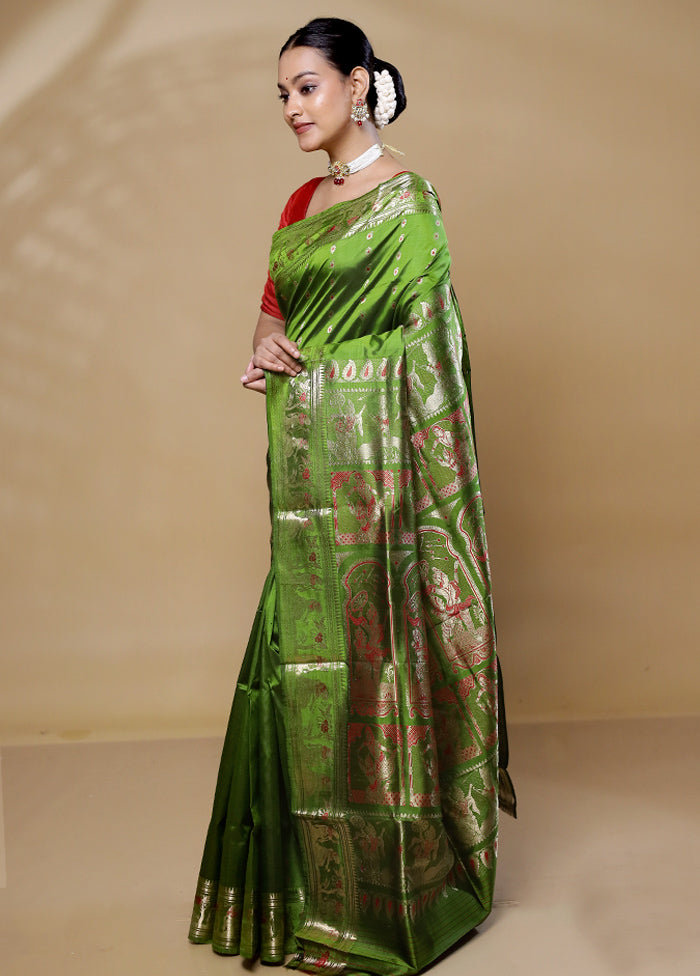 Green Handloom Baluchari Pure Silk Saree With Blouse Piece