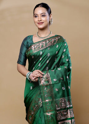 Green Handloom Baluchari Pure Silk Saree With Blouse Piece