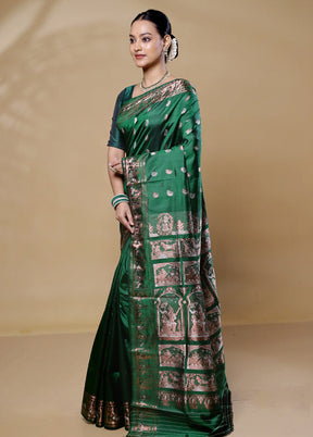 Green Handloom Baluchari Pure Silk Saree With Blouse Piece