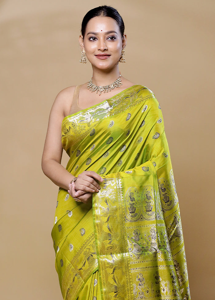 Green Handloom Baluchari Pure Silk Saree With Blouse Piece