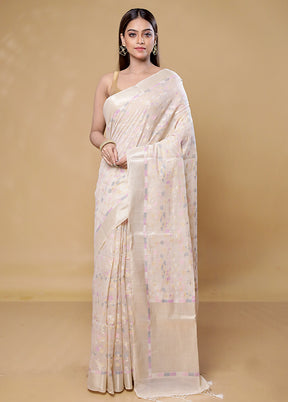 Cream Kora Silk Saree With Blouse Piece