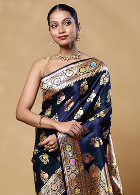 Blue Banarasi Silk Saree With Blouse Piece