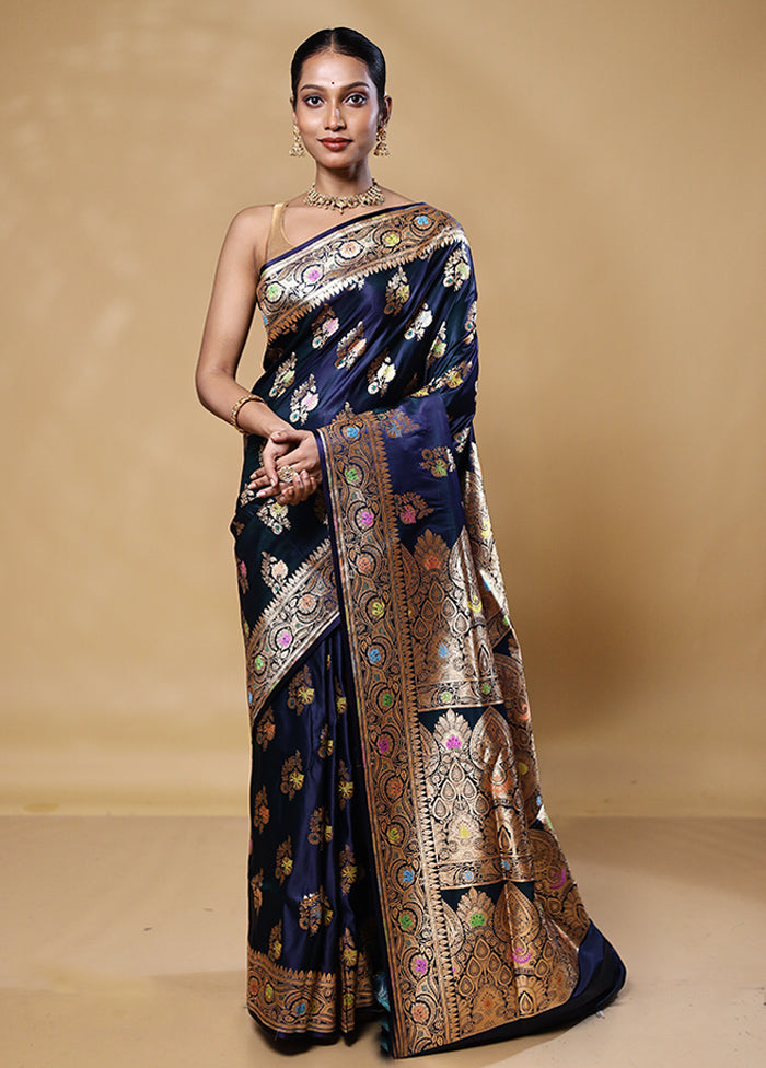 Blue Banarasi Silk Saree With Blouse Piece