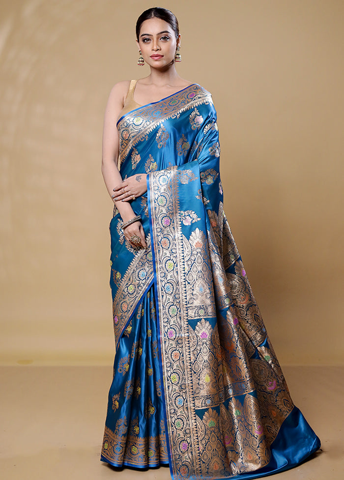 Blue Banarasi Silk Saree With Blouse Piece