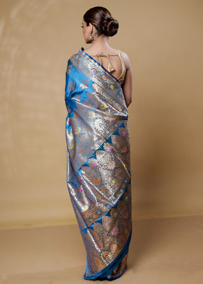 Blue Banarasi Silk Saree With Blouse Piece