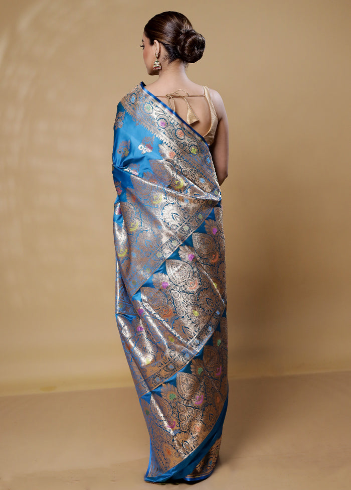 Blue Banarasi Silk Saree With Blouse Piece