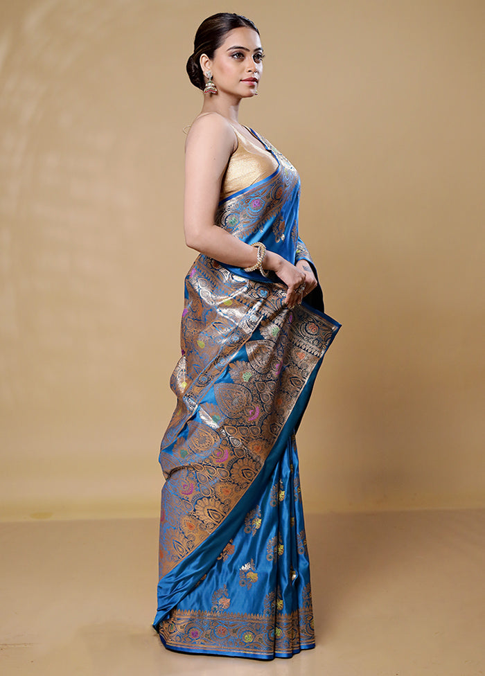 Blue Banarasi Silk Saree With Blouse Piece