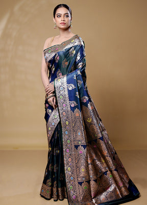 Blue Banarasi Silk Saree With Blouse Piece