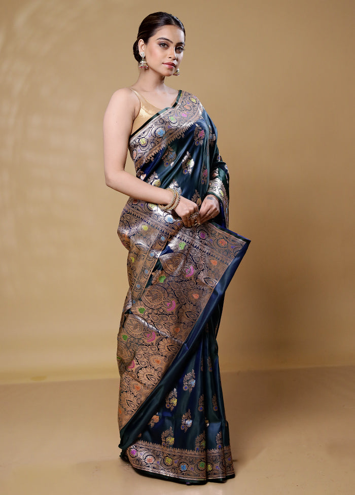 Blue Banarasi Silk Saree With Blouse Piece