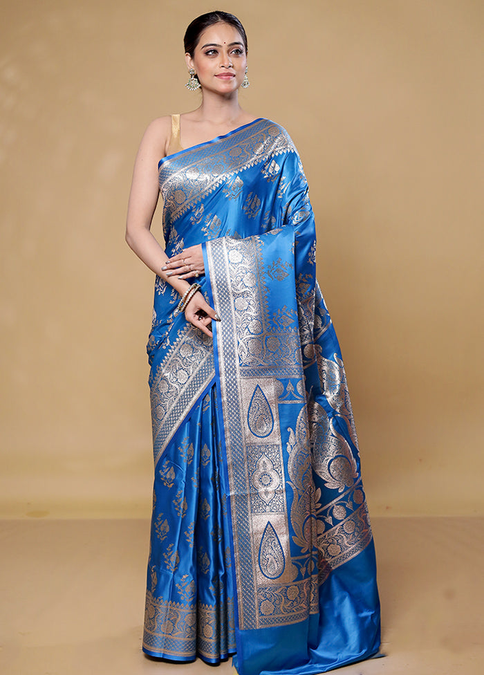 Blue Banarasi Silk Saree With Blouse Piece