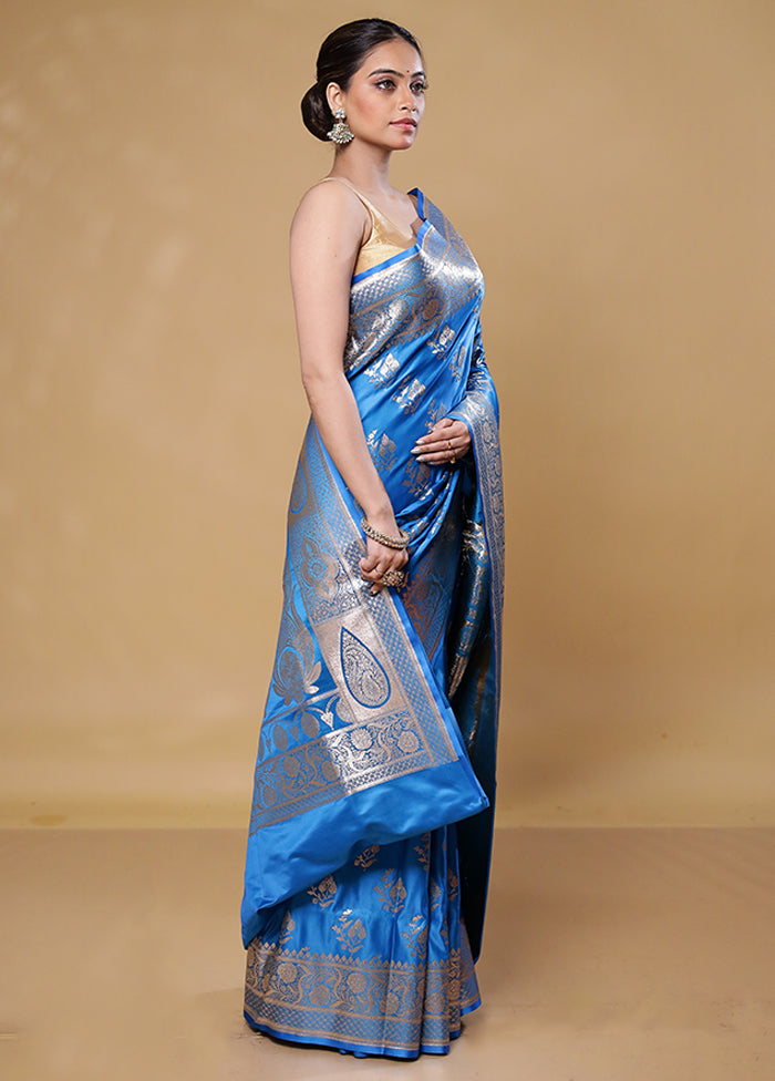 Blue Banarasi Silk Saree With Blouse Piece