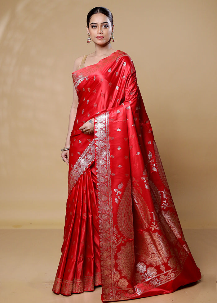 Red Banarasi Silk Saree With Blouse Piece