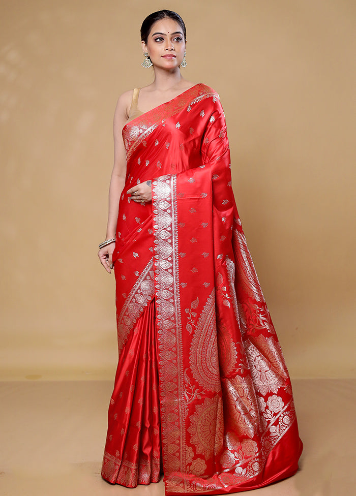 Red Banarasi Silk Saree With Blouse Piece