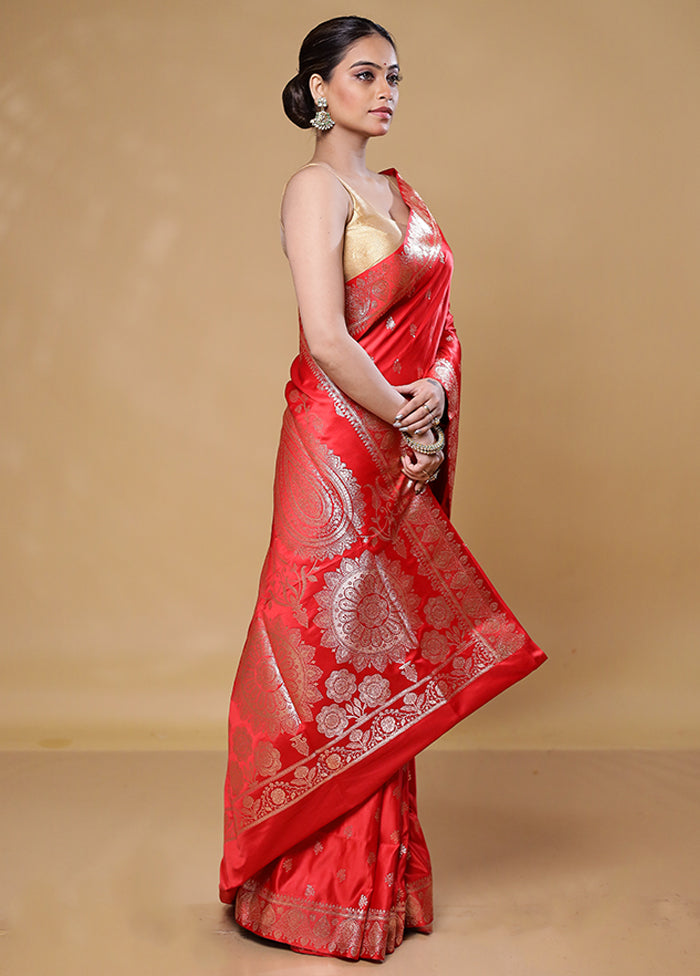 Red Banarasi Silk Saree With Blouse Piece