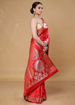 Red Banarasi Silk Saree With Blouse Piece