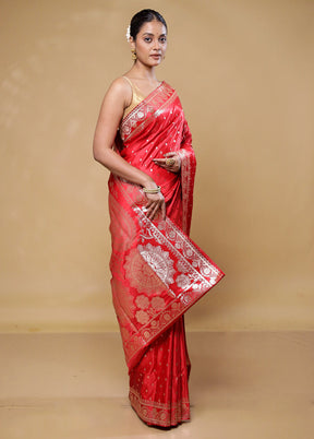 Pink Banarasi Silk Saree With Blouse Piece