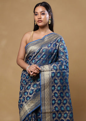 Blue Kora Silk Saree With Blouse Piece