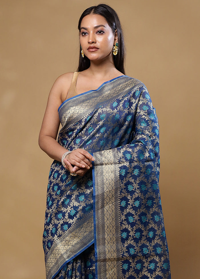 Blue Kora Silk Saree With Blouse Piece