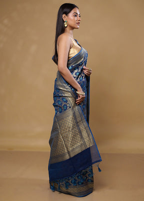 Blue Kora Silk Saree With Blouse Piece