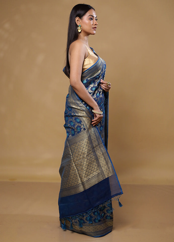 Blue Kora Silk Saree With Blouse Piece