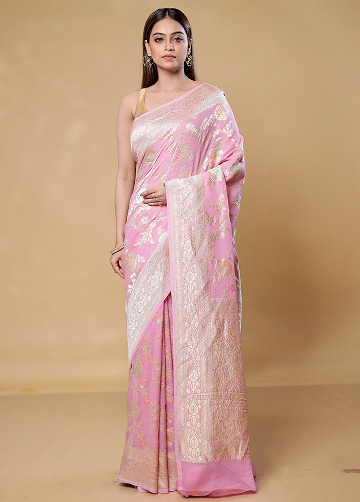 Pink Handloom Pure Georgette Saree With Blouse Piece