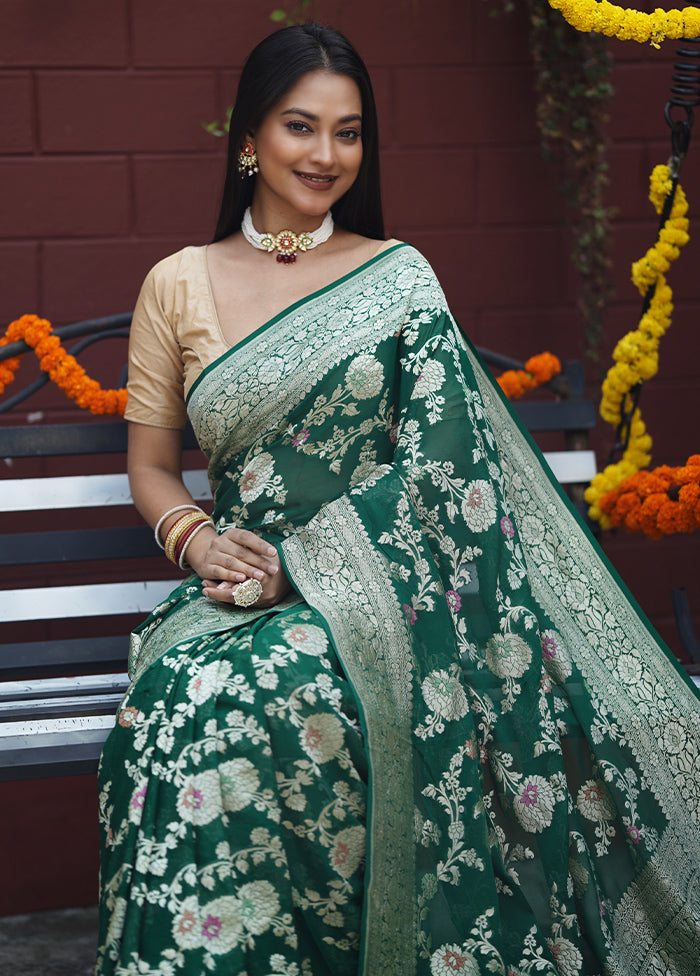 Green Handloom Pure Georgette Saree With Blouse Piece