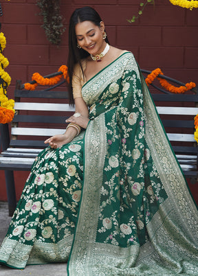 Green Handloom Pure Georgette Saree With Blouse Piece